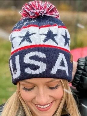 C.C USA Beanie Hat Patriotic Stars and Stripes Pom Pom Knit Cuffed NWT